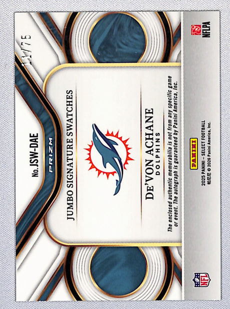 De'Von Achane 2025 Select Jumbo Signature Swatches White Prizm #JSW-DAE #/75