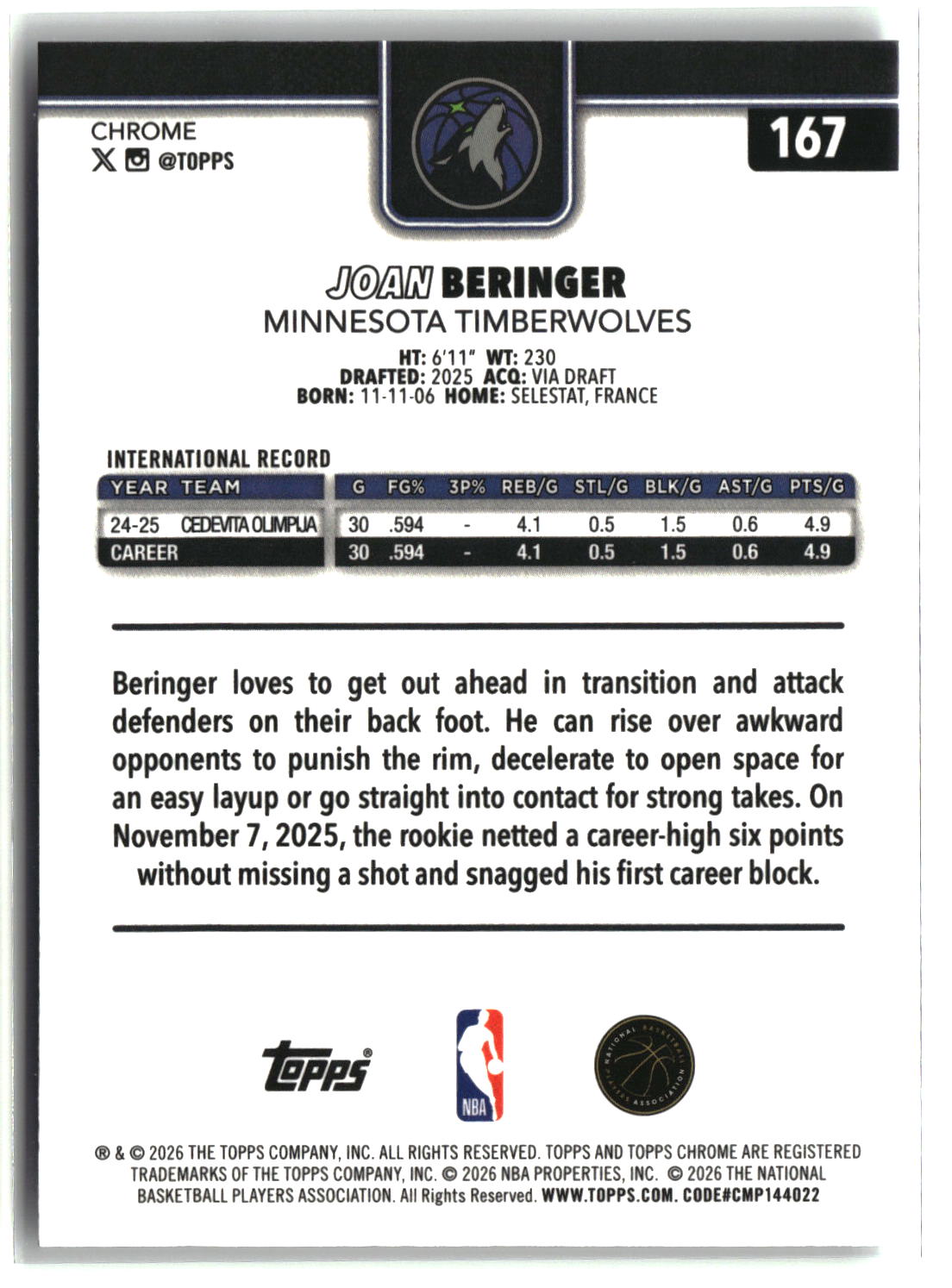 Joan Beringer 2025-26 Topps Chrome Update #167
