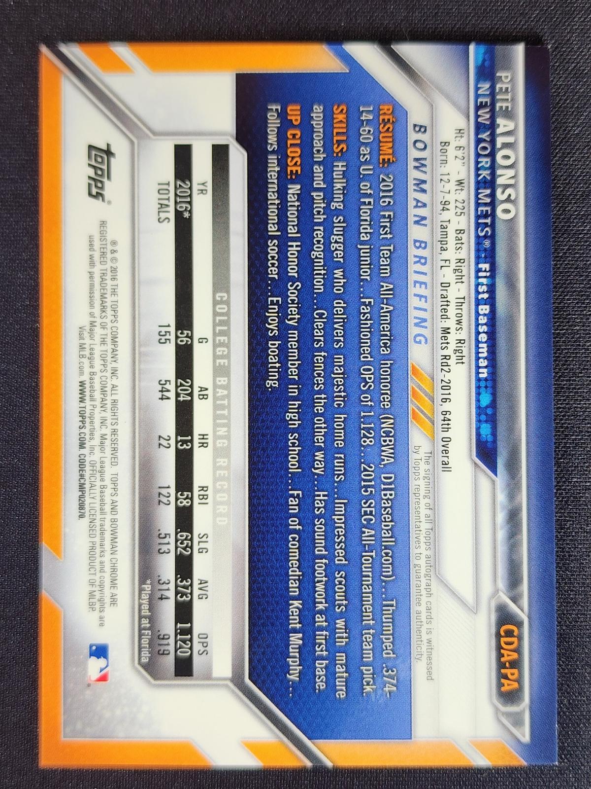 Pete Alonso 2016 Bowman Draft Chrome Draft Pick Autographs #CDA-PA