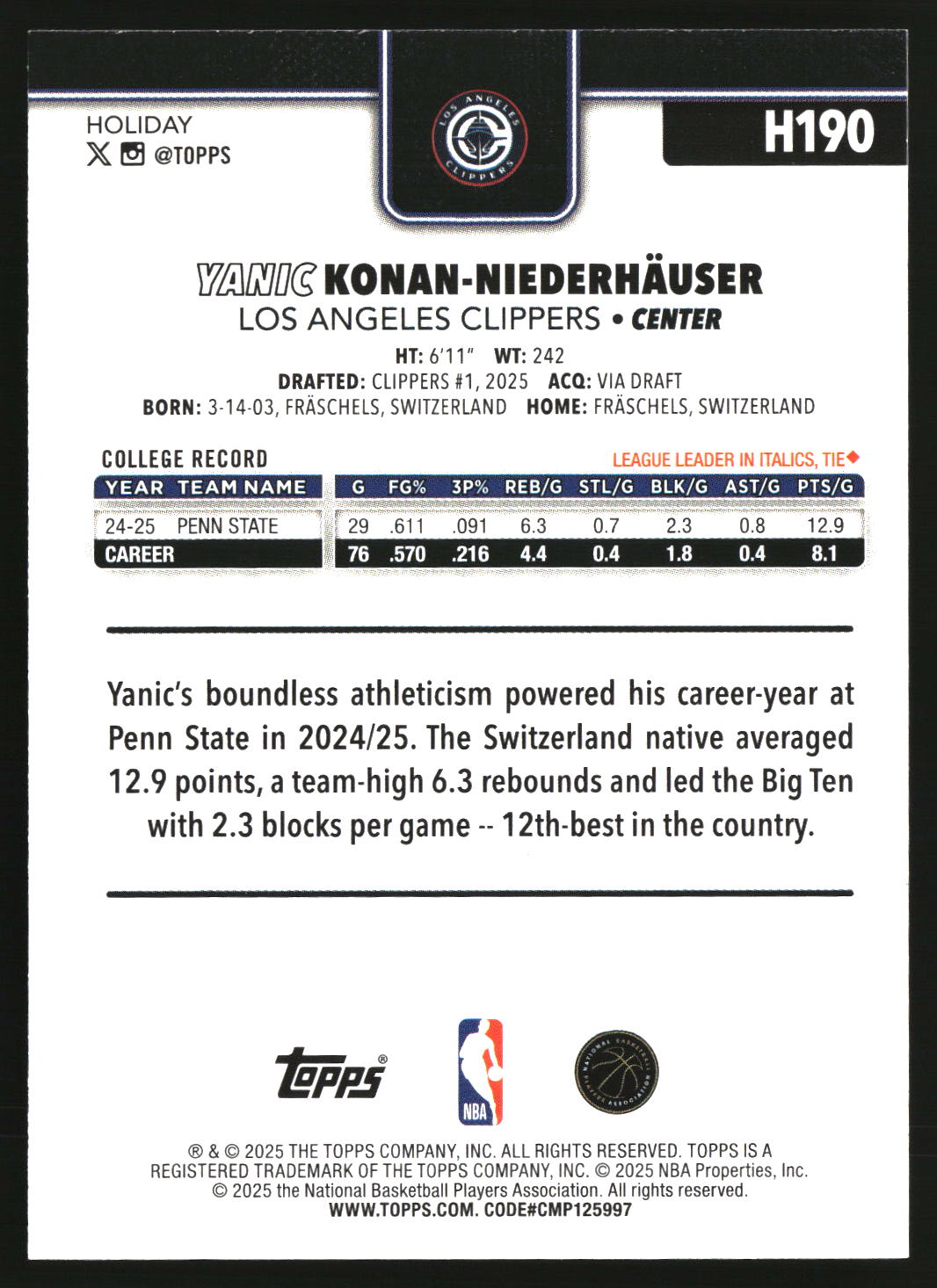 Yanic Konan Niederhauser 2025-26 Topps Holiday #H190