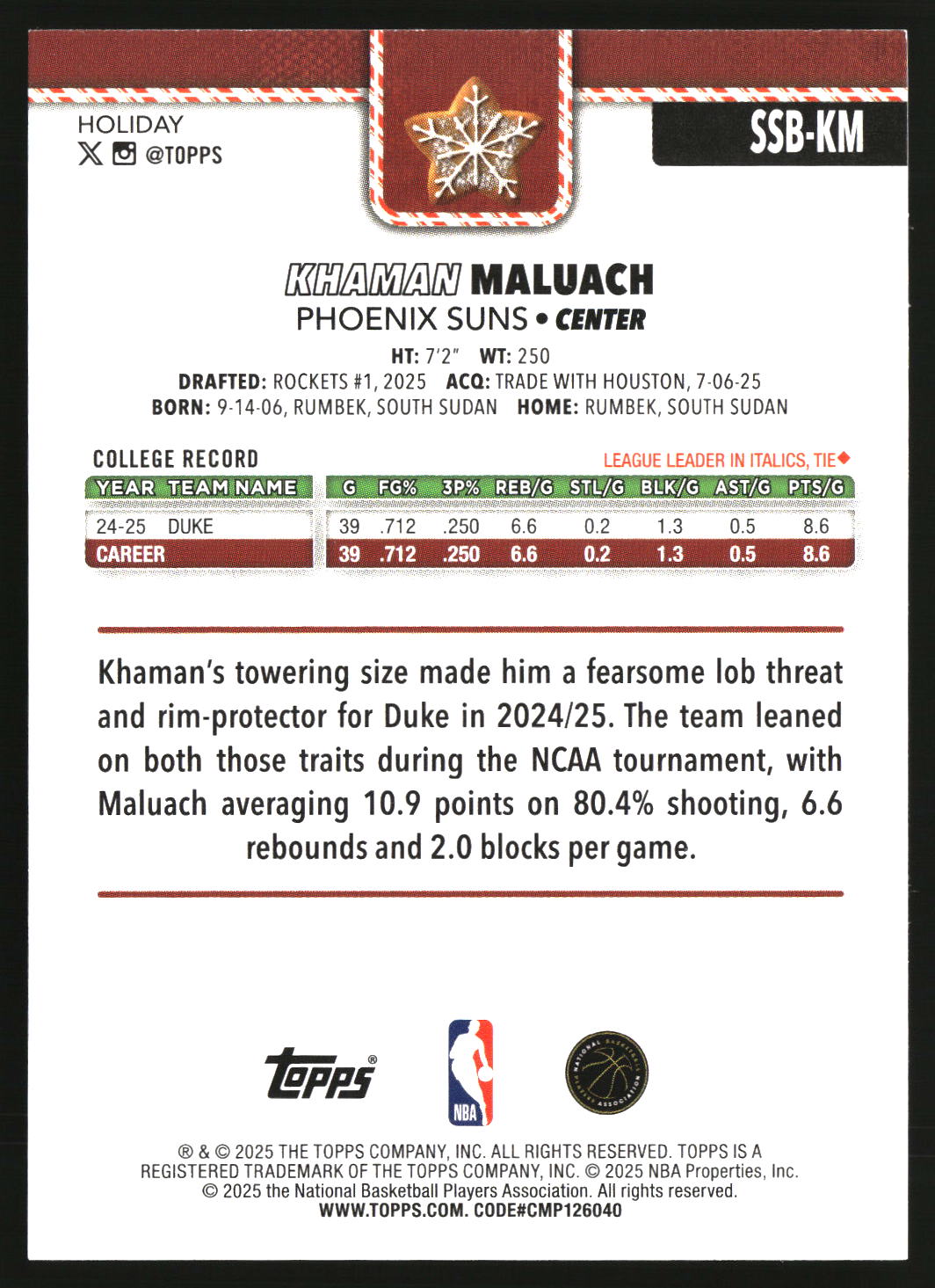 Khaman Maluach 2025-26 Topps Holiday SSP Back Variations #SSB-KM