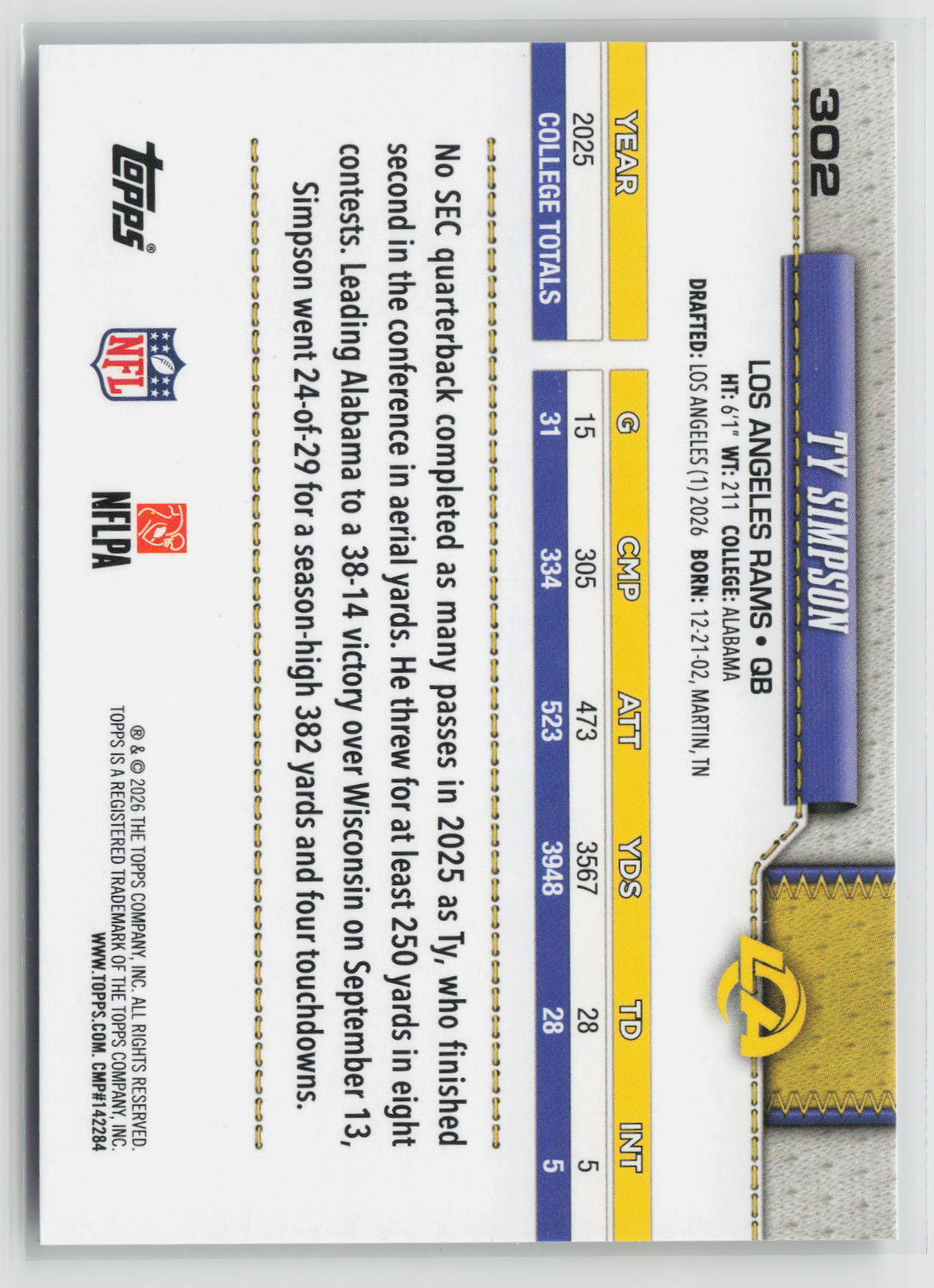Ty Simpson 2026 Topps Flagship #302
