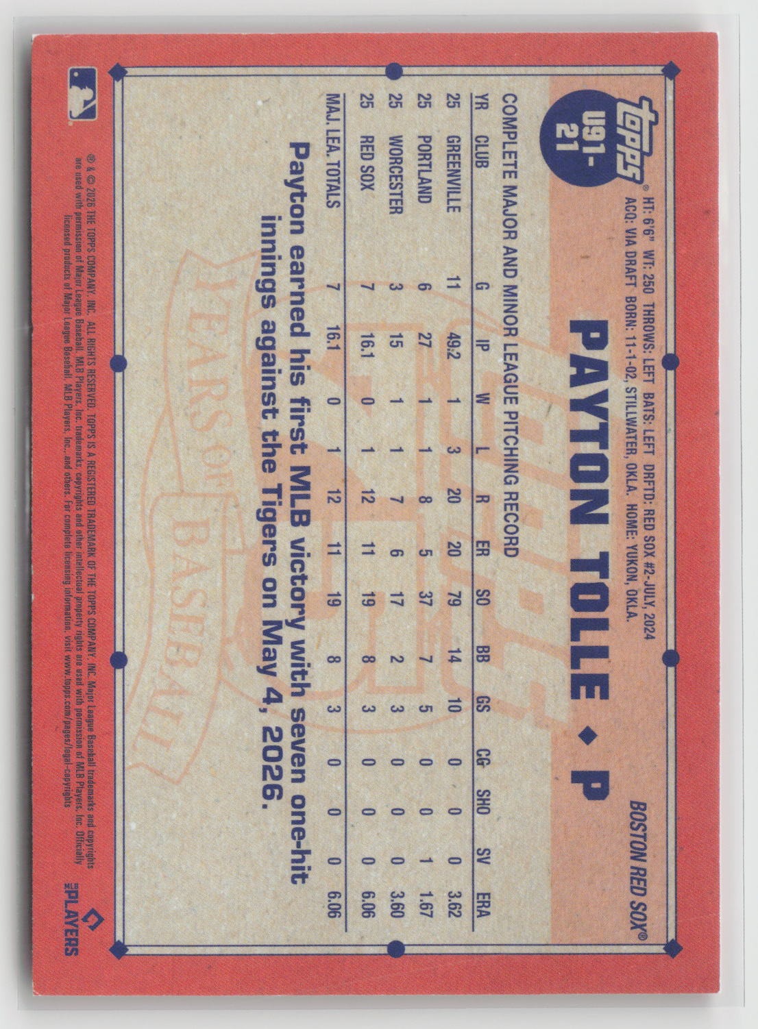 Payton Tolle 2026 Topps Update 35th Anniversary Orange #U91-21