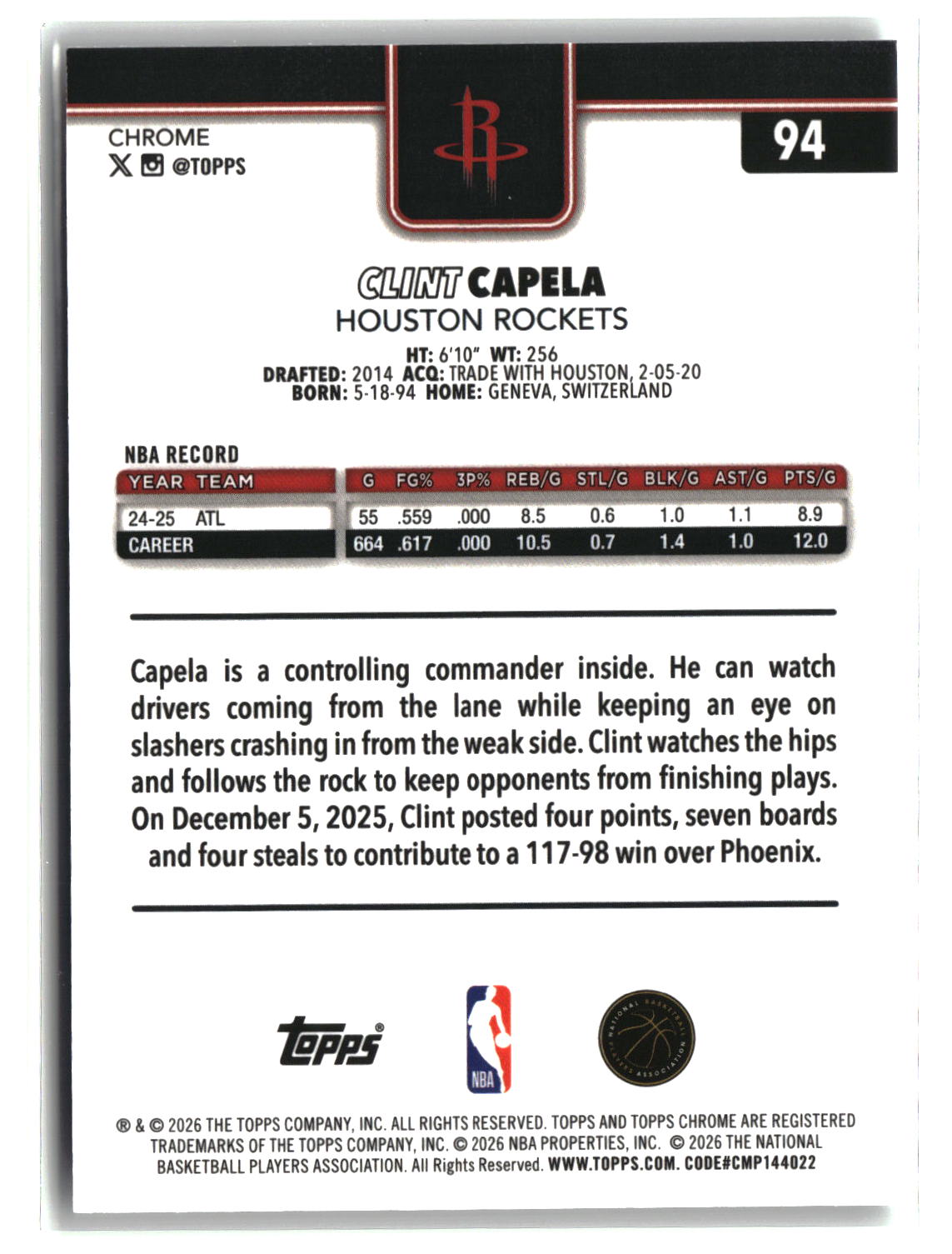Clint Capela 2025-26 Topps Chrome Update Refractor #94