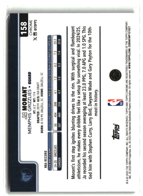 Ja Morant 2025-26 Topps Chrome Orange Basketball Refractor #158 #/25