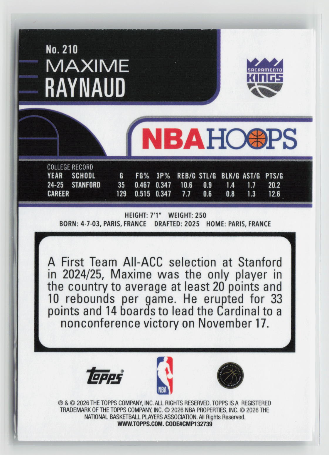 Maxime Raynaud 2025-26 Hoops #210