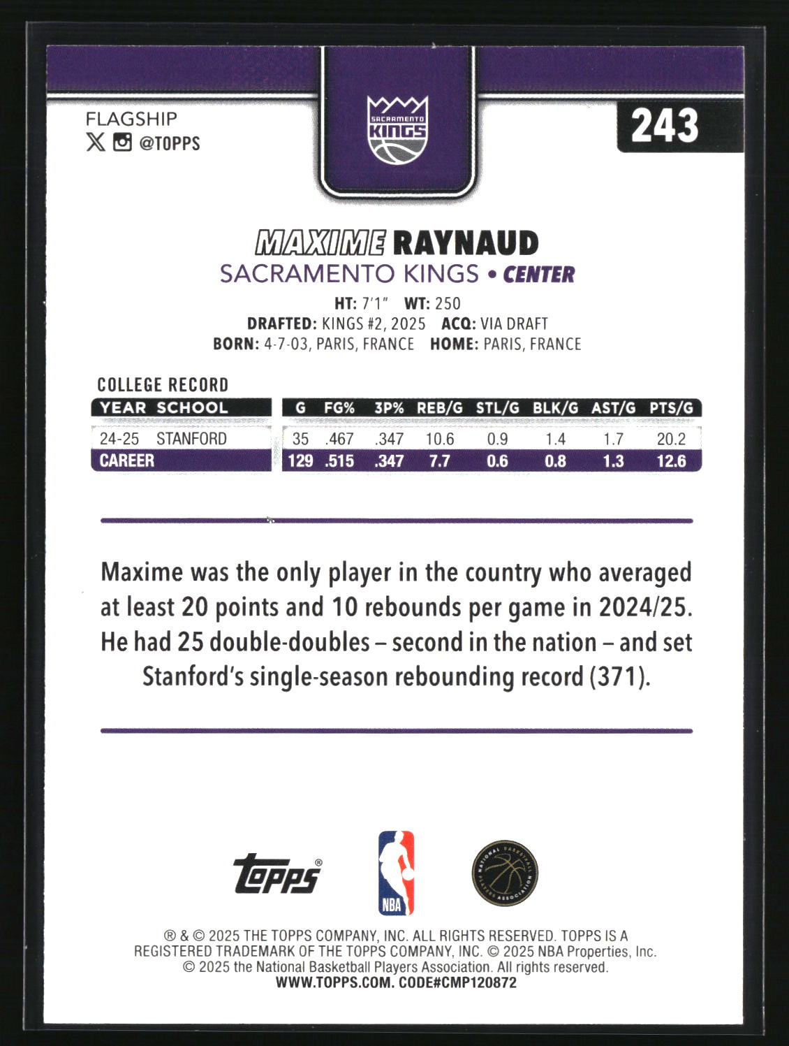 Maxime Raynaud 2025-26 Topps Season Tip Off #243