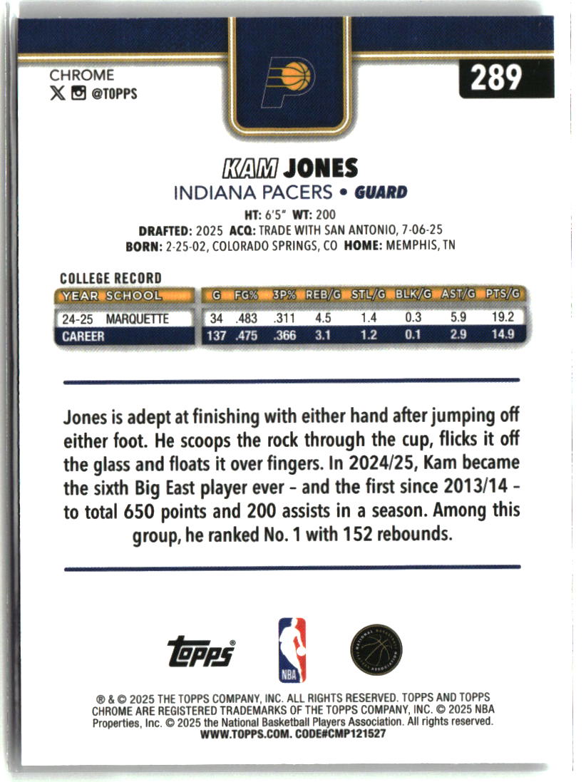 Kam Jones 2025-26 Topps Chrome #289