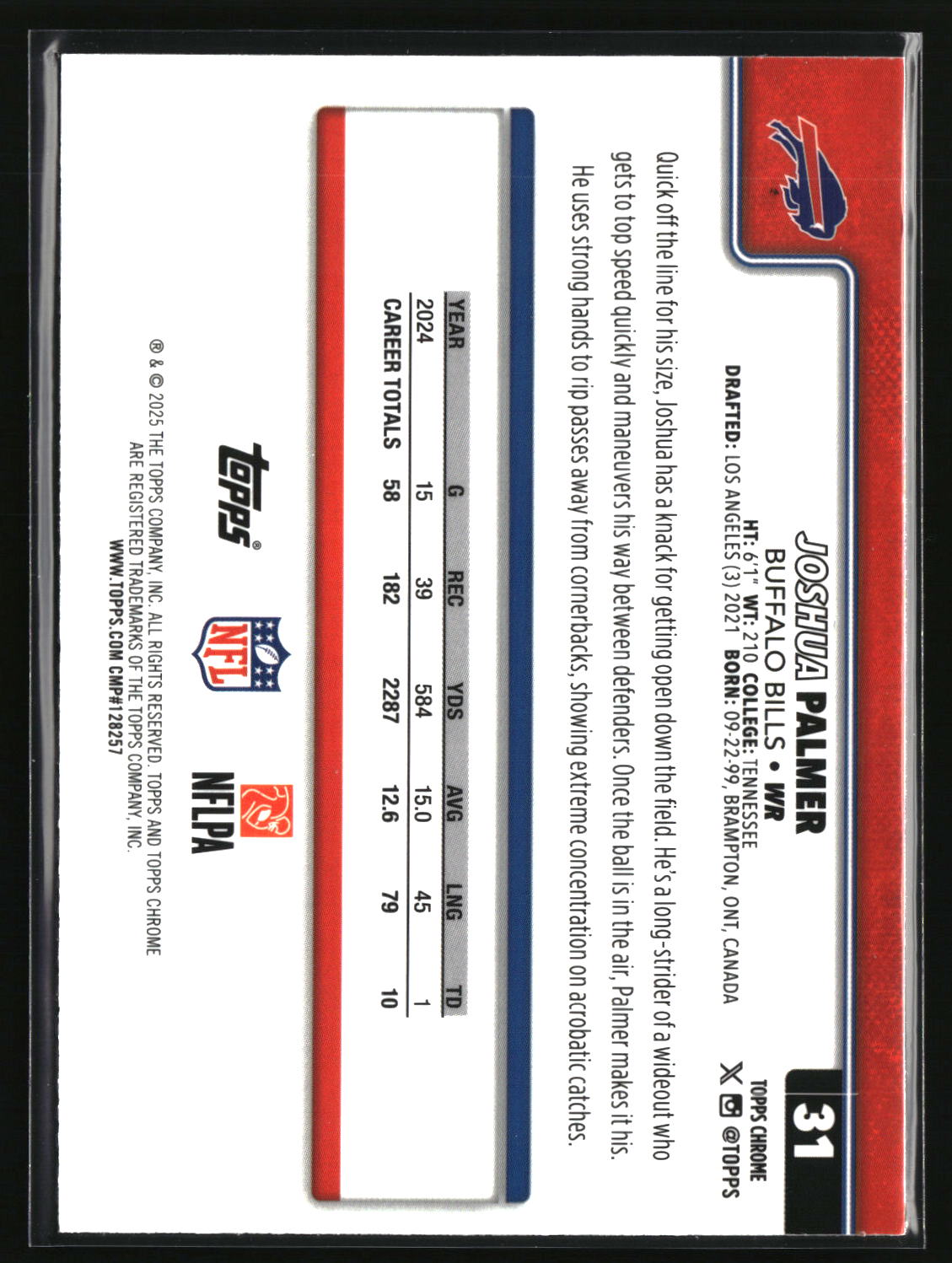 Joshua Palmer 2025 Topps Chrome Red White and Blue Refractor #31