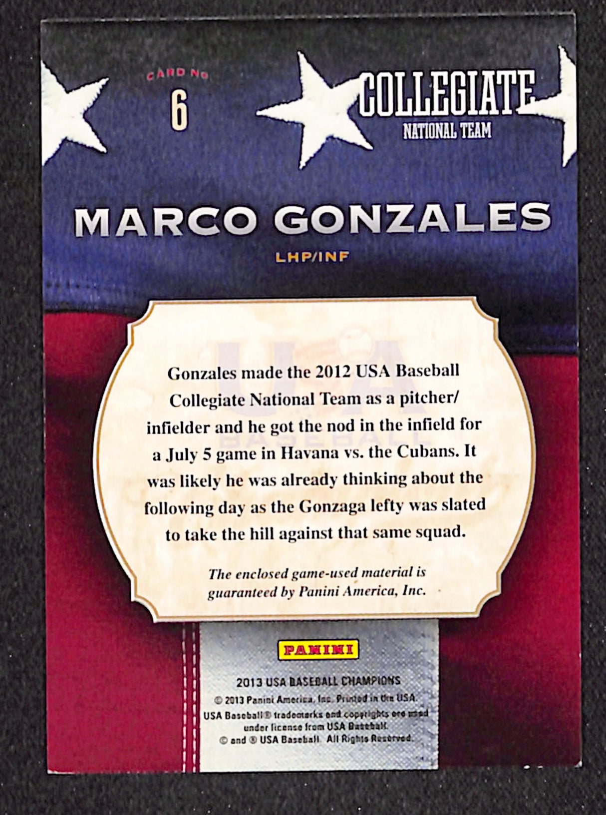 Marco Gonzales 2013 Panini USA Baseball Champions Game Gear Bats #6