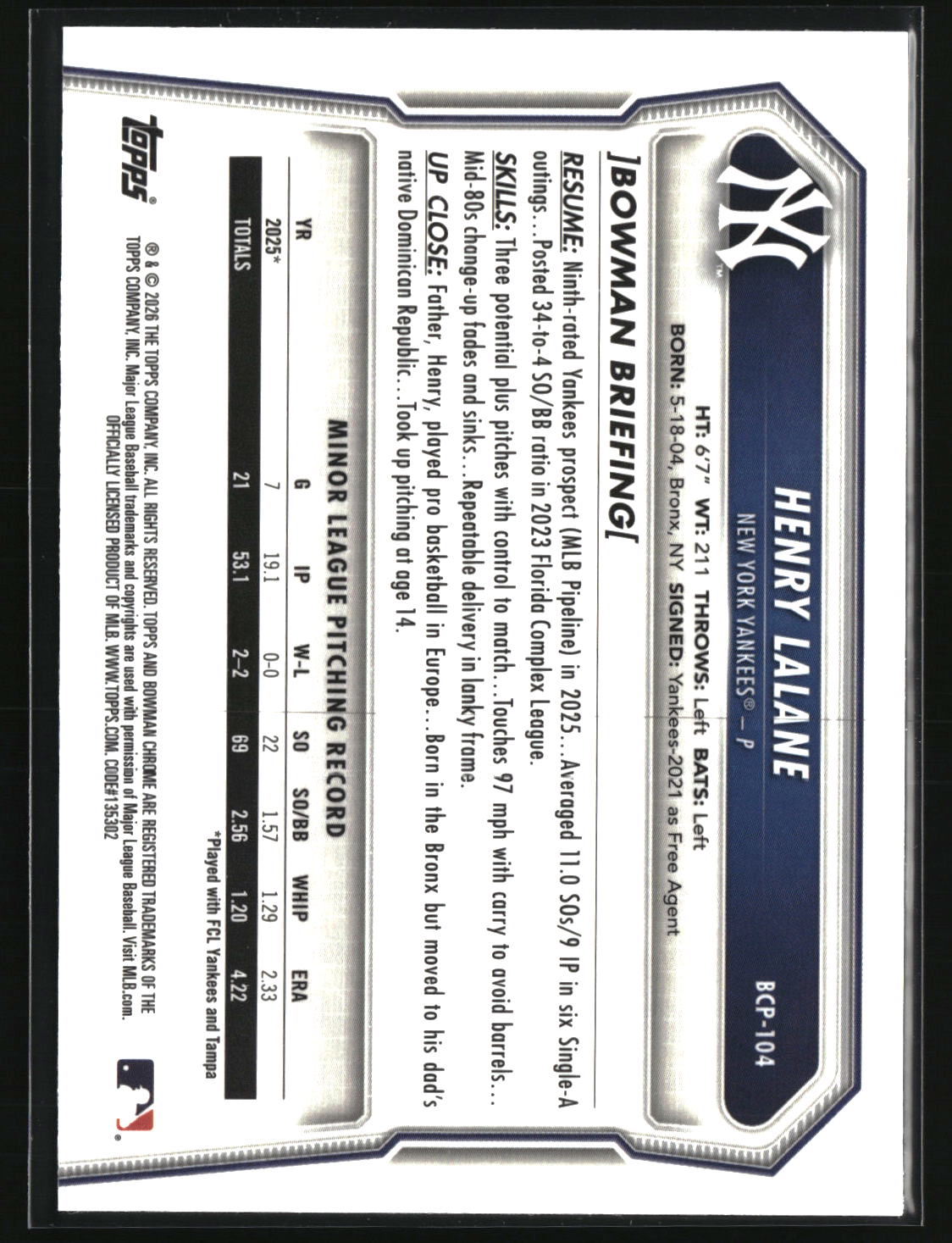 Henry Lalane 2026 Bowman Chrome Prospects #BCP-104