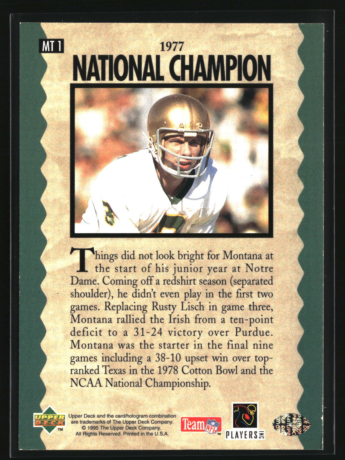Joe Montana 1995 Collector's Choice Joe Montana Trilogy #MT1