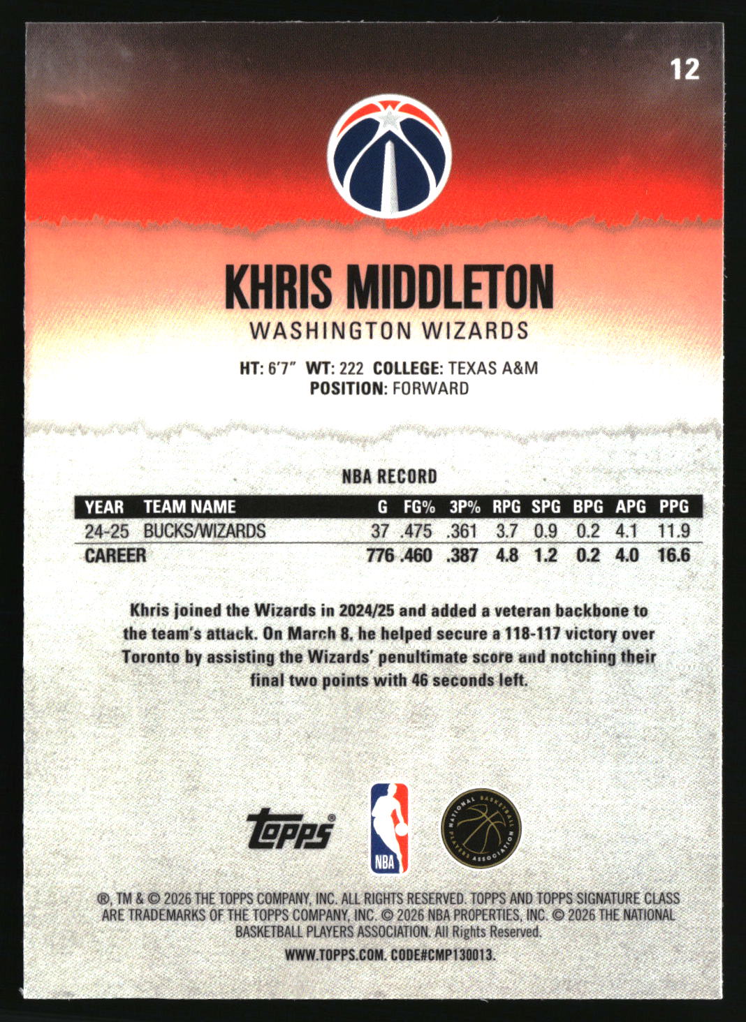 Khris Middleton 2025-26 Topps Signature Class Chrome #12