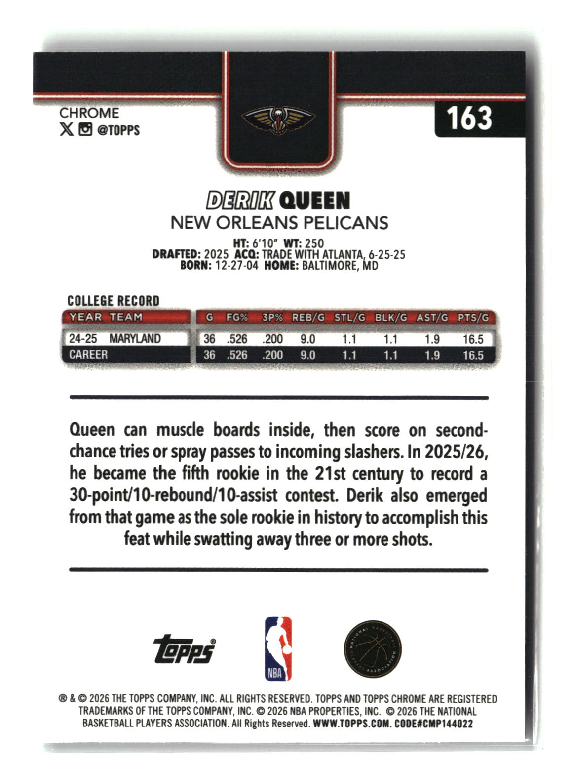 Derik Queen 2025-26 Topps Chrome Update #163