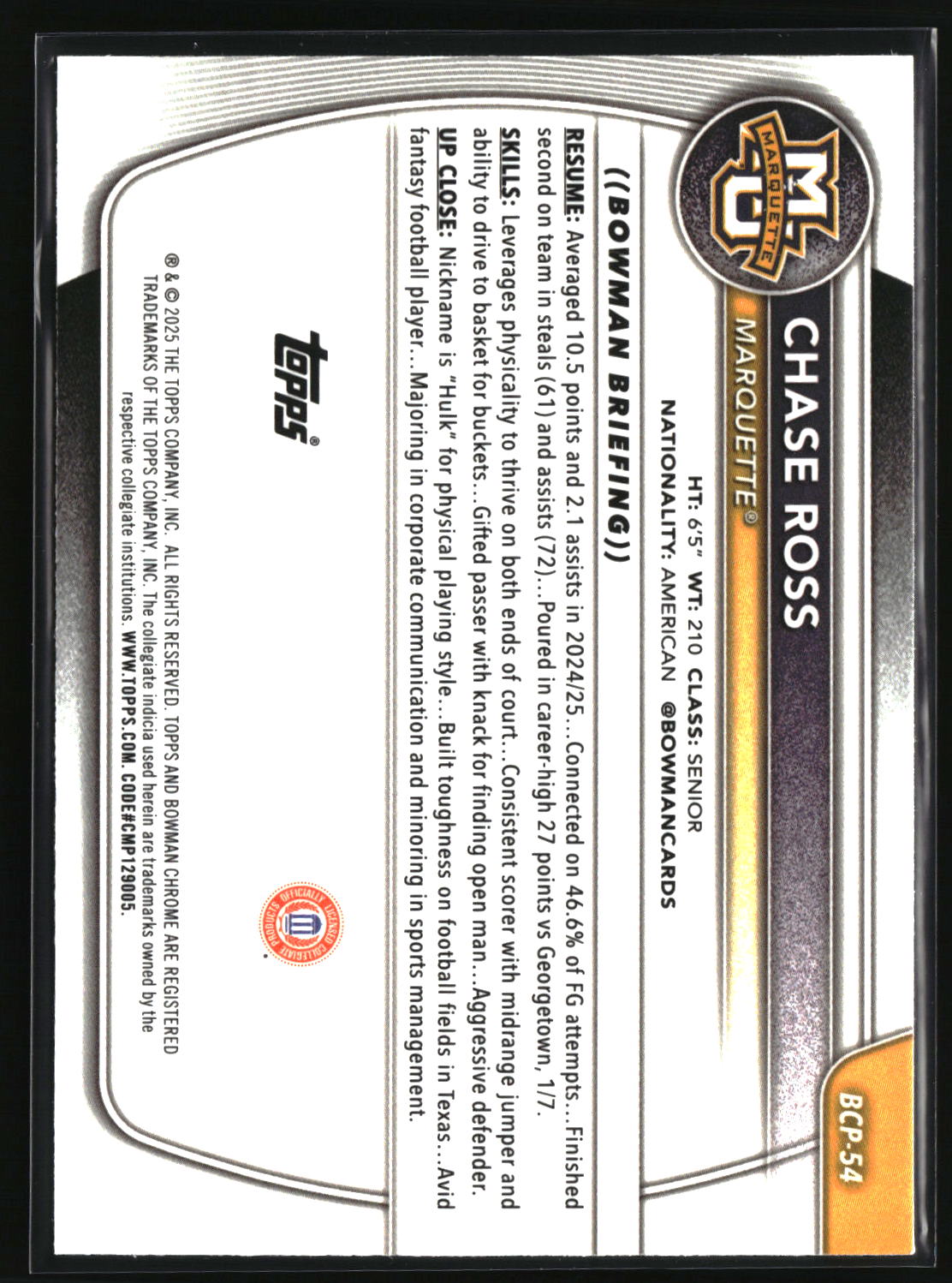 Chase Ross 2025-26 Bowman Chrome Prospects Reptilian Refractor #BCP-54