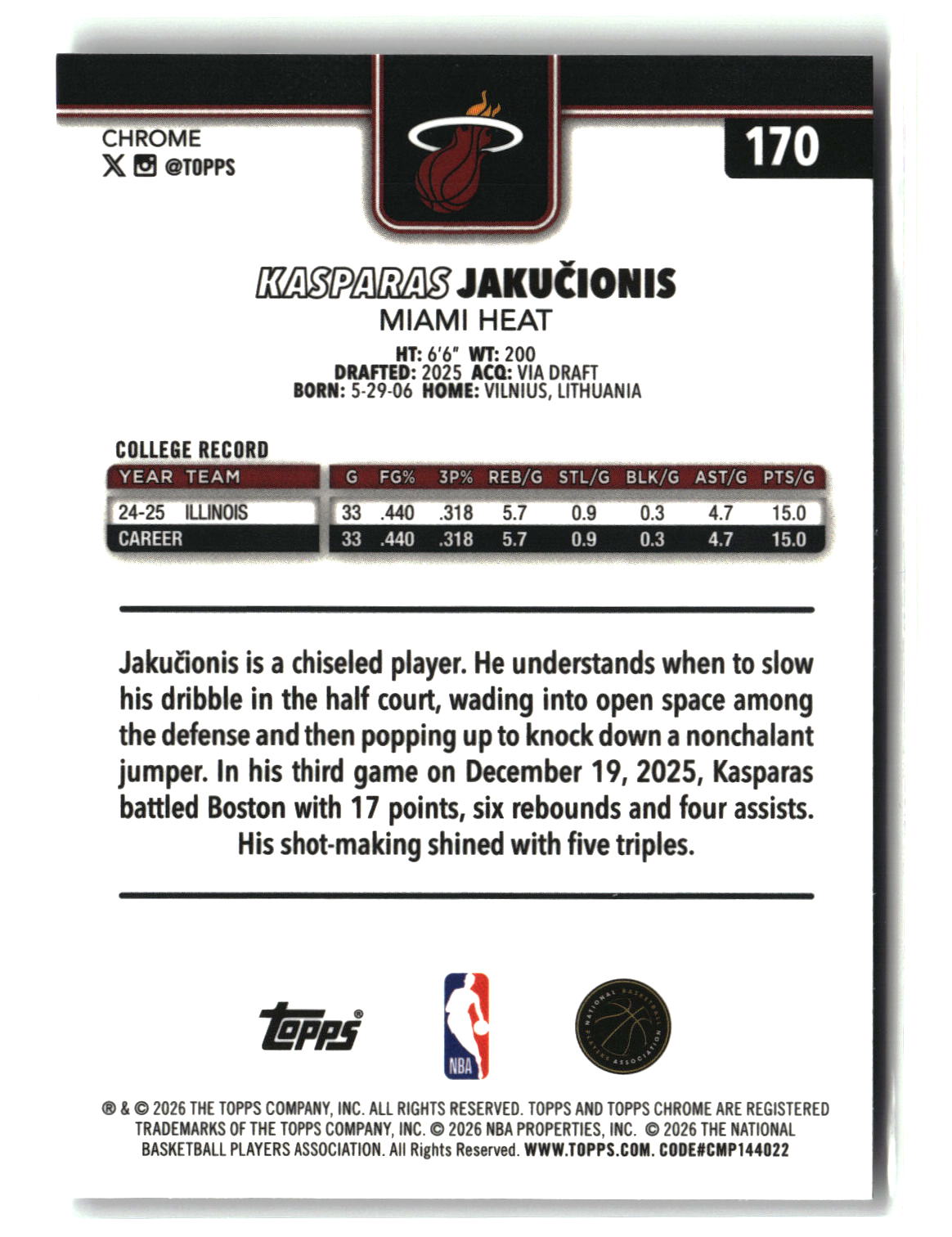 Kasparas Jakučionis 2025-26 Topps Chrome Update #170