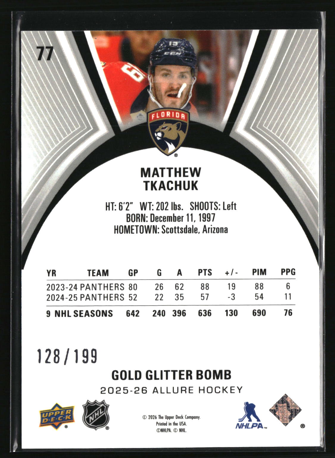 Matthew Tkachuk 2025-26 Upper Deck Allure Gold Glitter Bomb #77 #/199