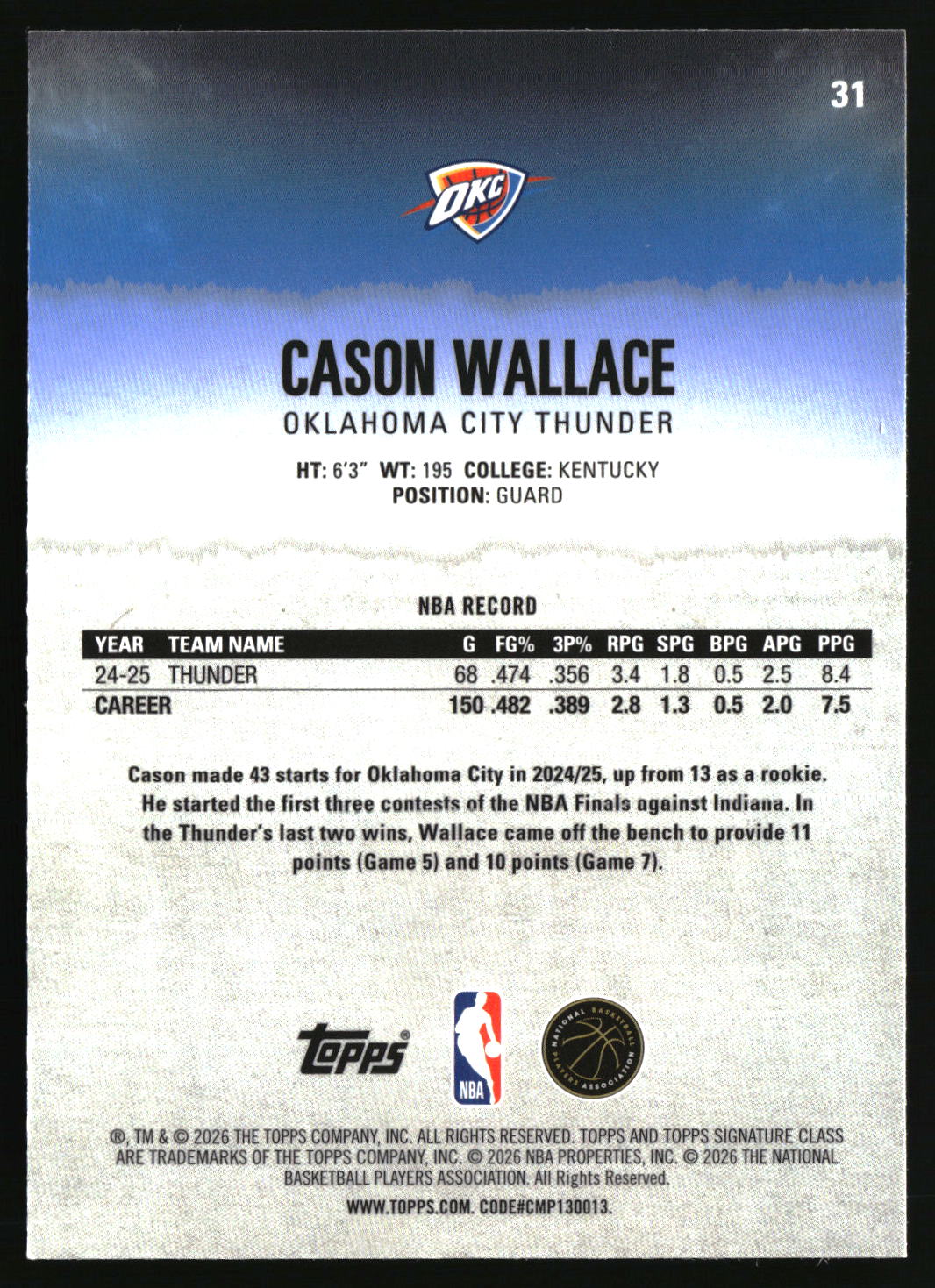 Cason Wallace 2025-26 Topps Signature Class Chrome #31