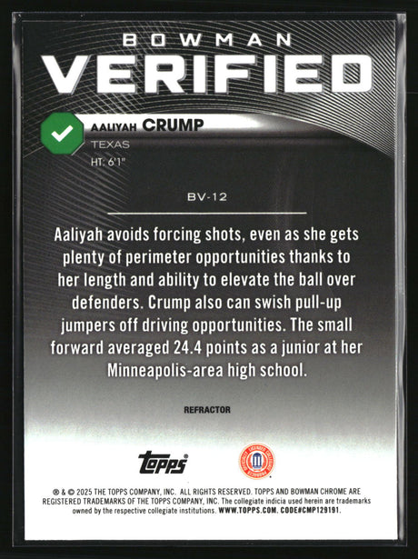 Aaliyah Crump 2025-26 Bowman Bowman Verified Refractor #BV-12