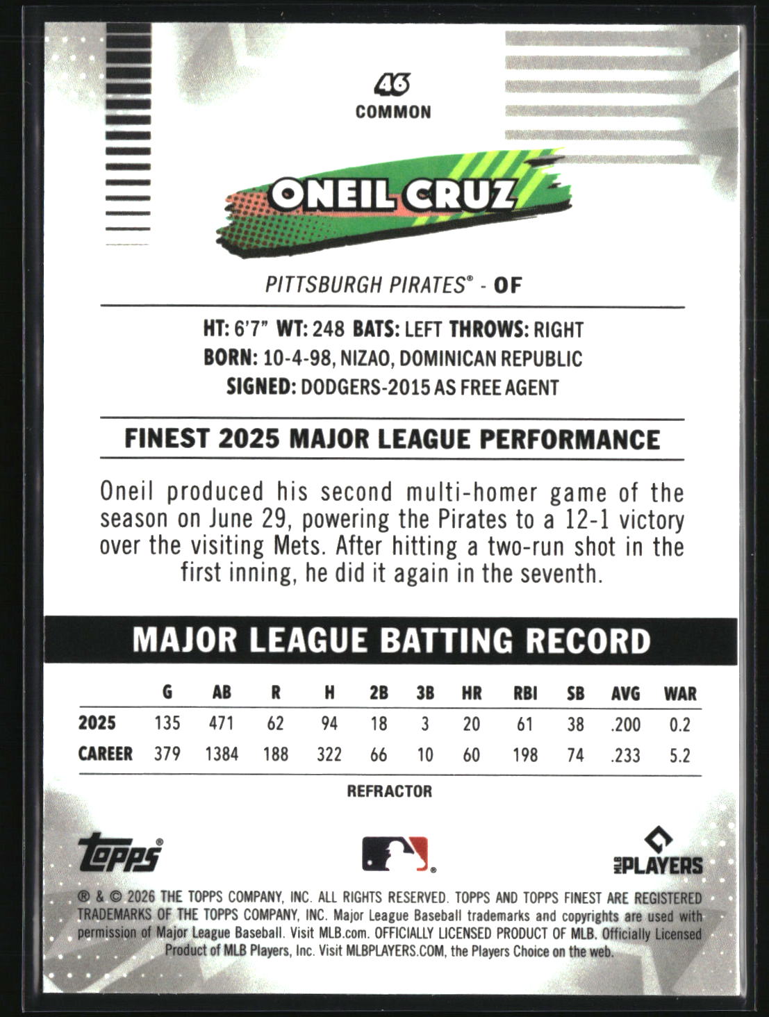 Oneil Cruz 2026 Finest Refractors #46
