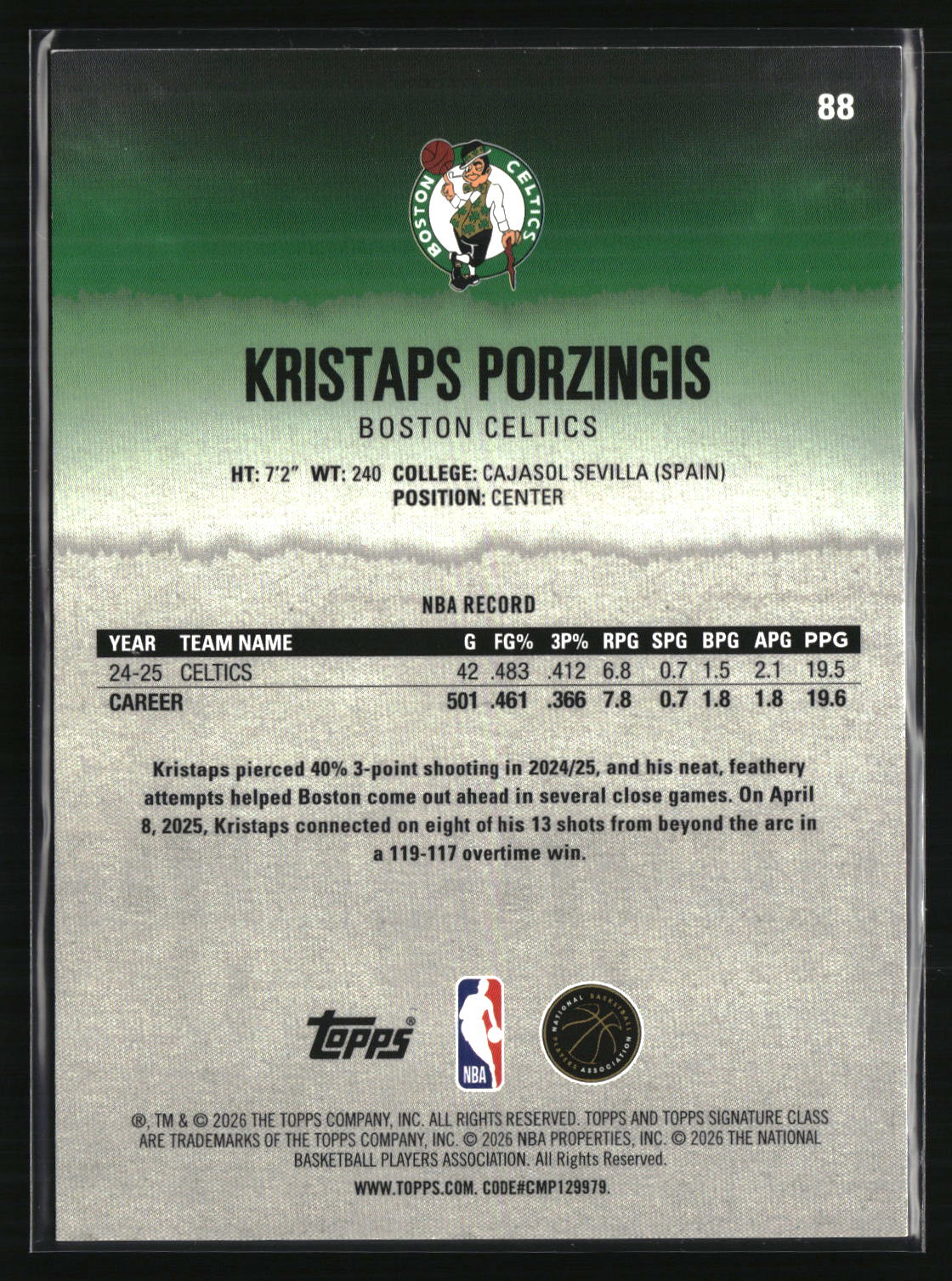 Kristaps Porzingis 2025-26 Topps Signature Class Red #88 #/25