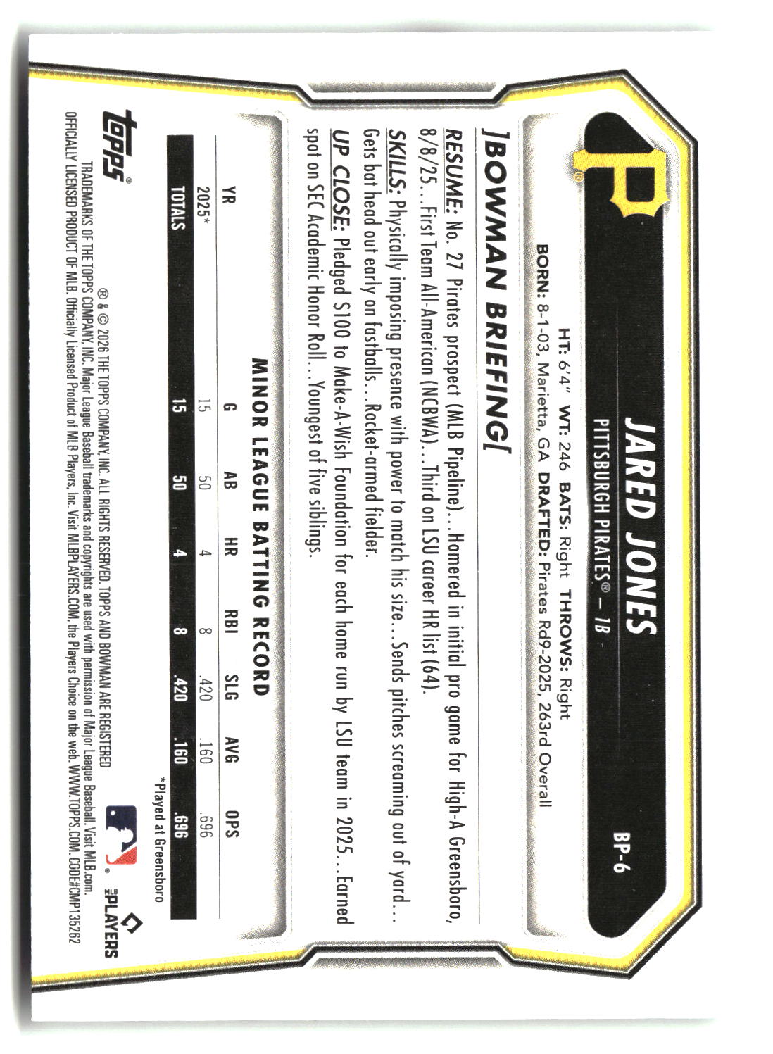 Jared Jones 2026 Bowman Prospects #BP-6