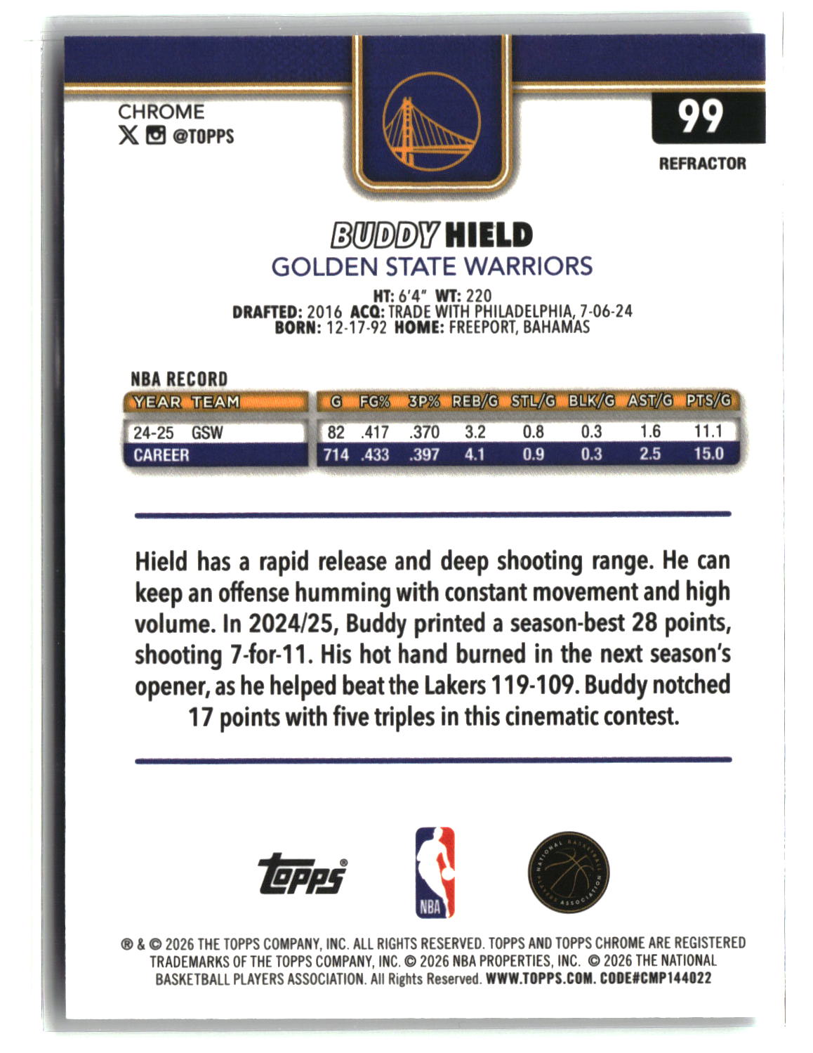 Buddy Hield 2025-26 Topps Chrome Update Refractor #99