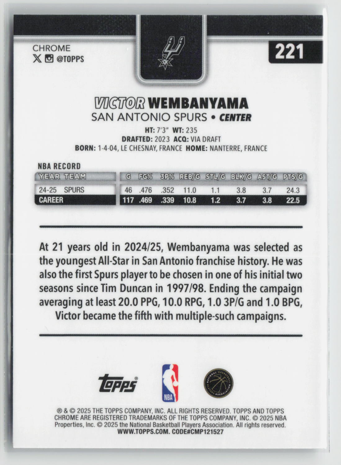 Victor Wembanyama 2025-26 Topps Chrome #221