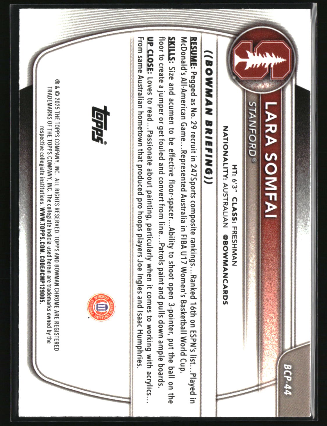 Lara Somfai 2025-26 Bowman Chrome Prospects Reptilian Refractor #BCP-44