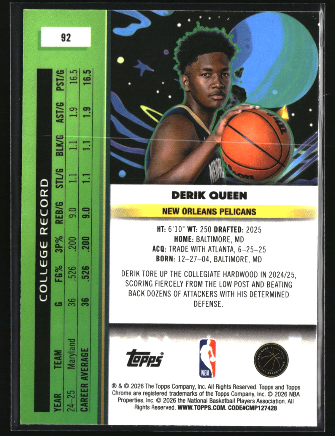 Derik Queen 2025-26 Topps Chrome Cosmic #92