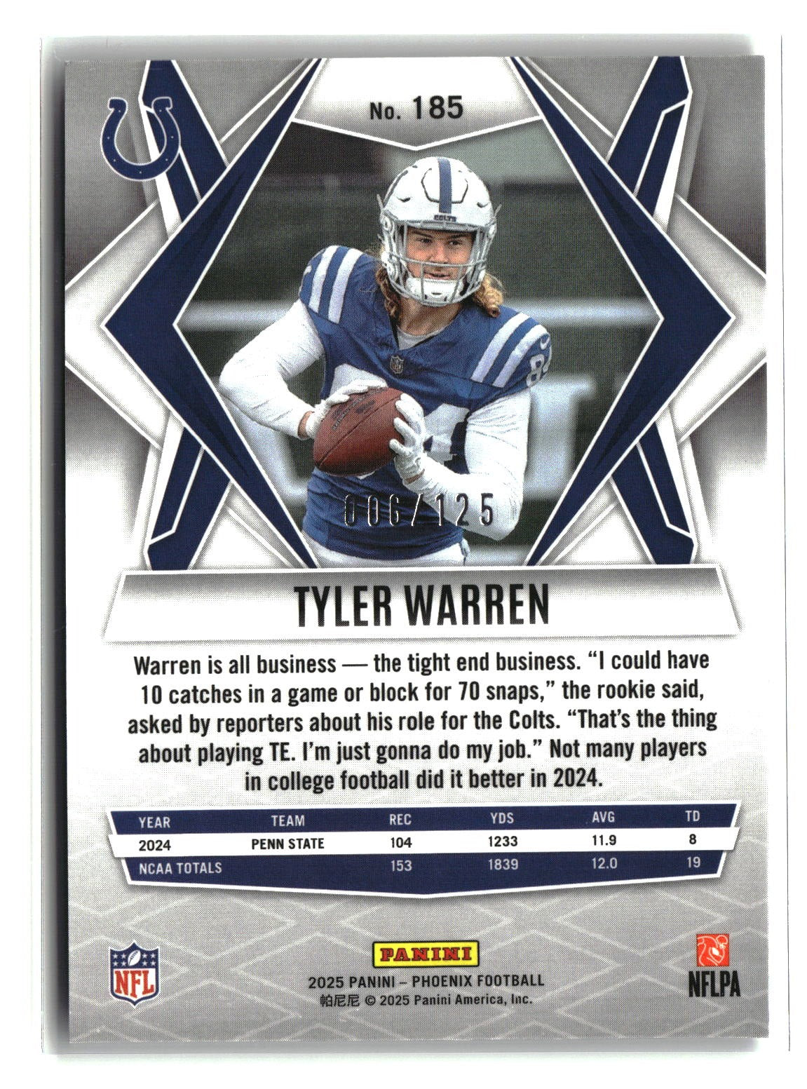 Tyler Warren 2025 Panini Phoenix Bronze Pandora Prizm #185 /125