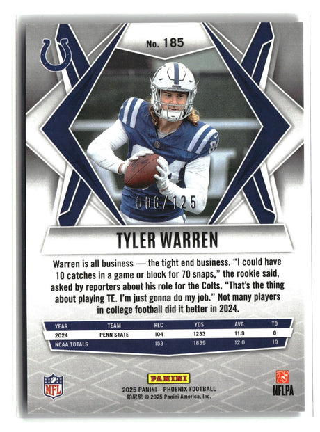 Tyler Warren 2025 Panini Phoenix Bronze Pandora Prizm #185 /125