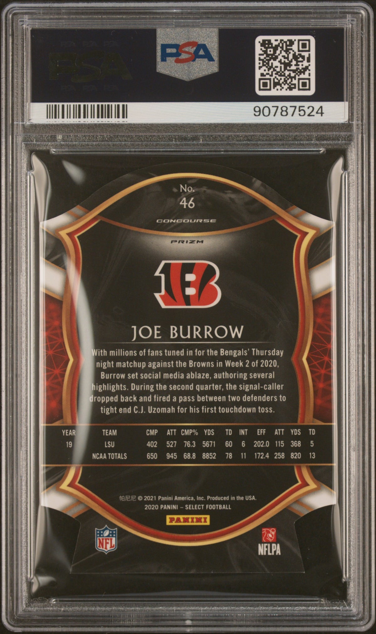 Joe Burrow 2020 Panini Select Die Cut Blue Prizm #46 PSA 10