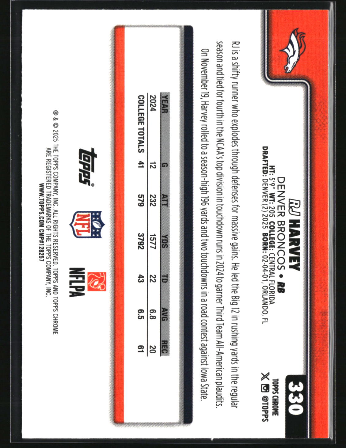 RJ Harvey 2025 Topps Chrome #330