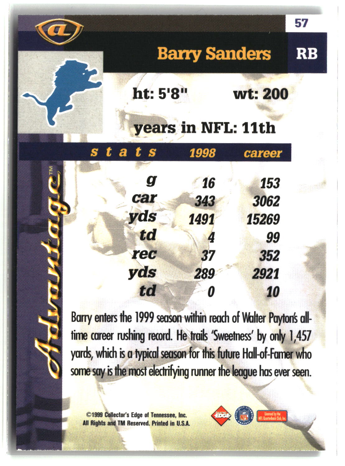 Barry Sanders 1999 Collector's Edge Advantage #57