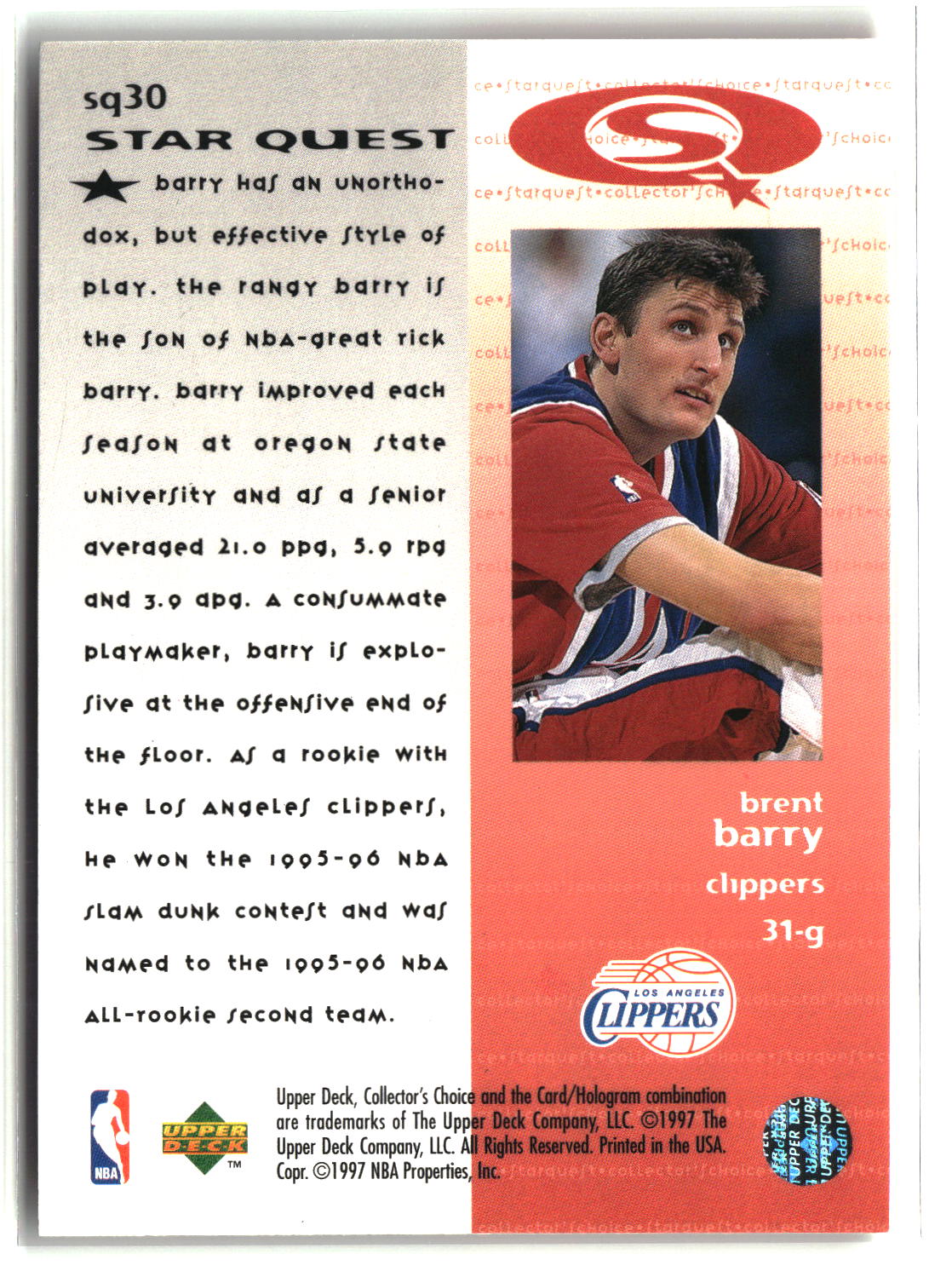 Brent Barry 1997-98 Collector's Choice StarQuest #SQ30