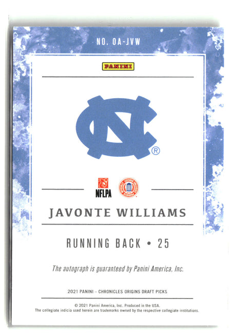 Javonte Williams 2021 Panini Chronicles Draft Picks Origins Rookie Auto #OA-JVW