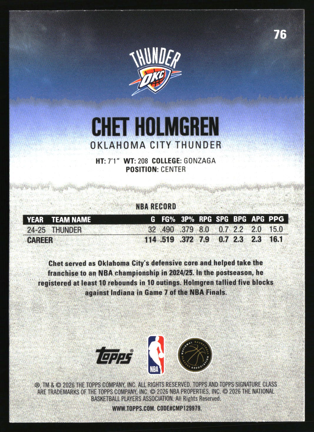 Chet Holmgren 2025-26 Topps Signature Class #76