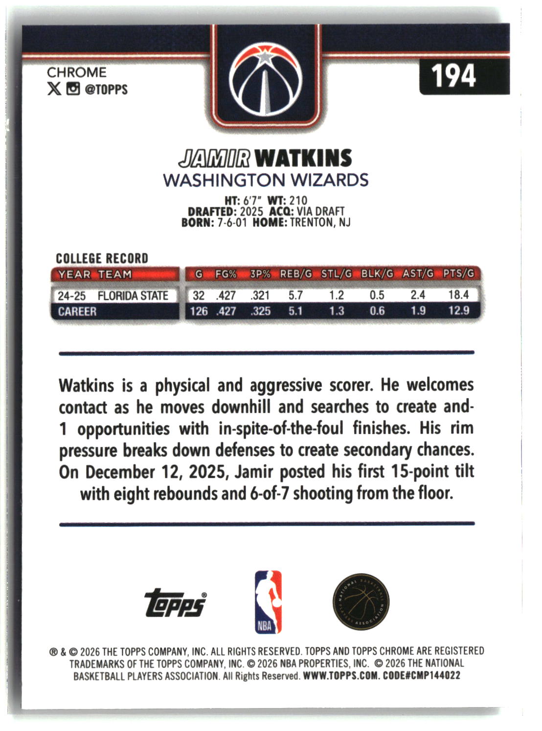 Jamir Watkins 2025-26 Topps Chrome Update #194