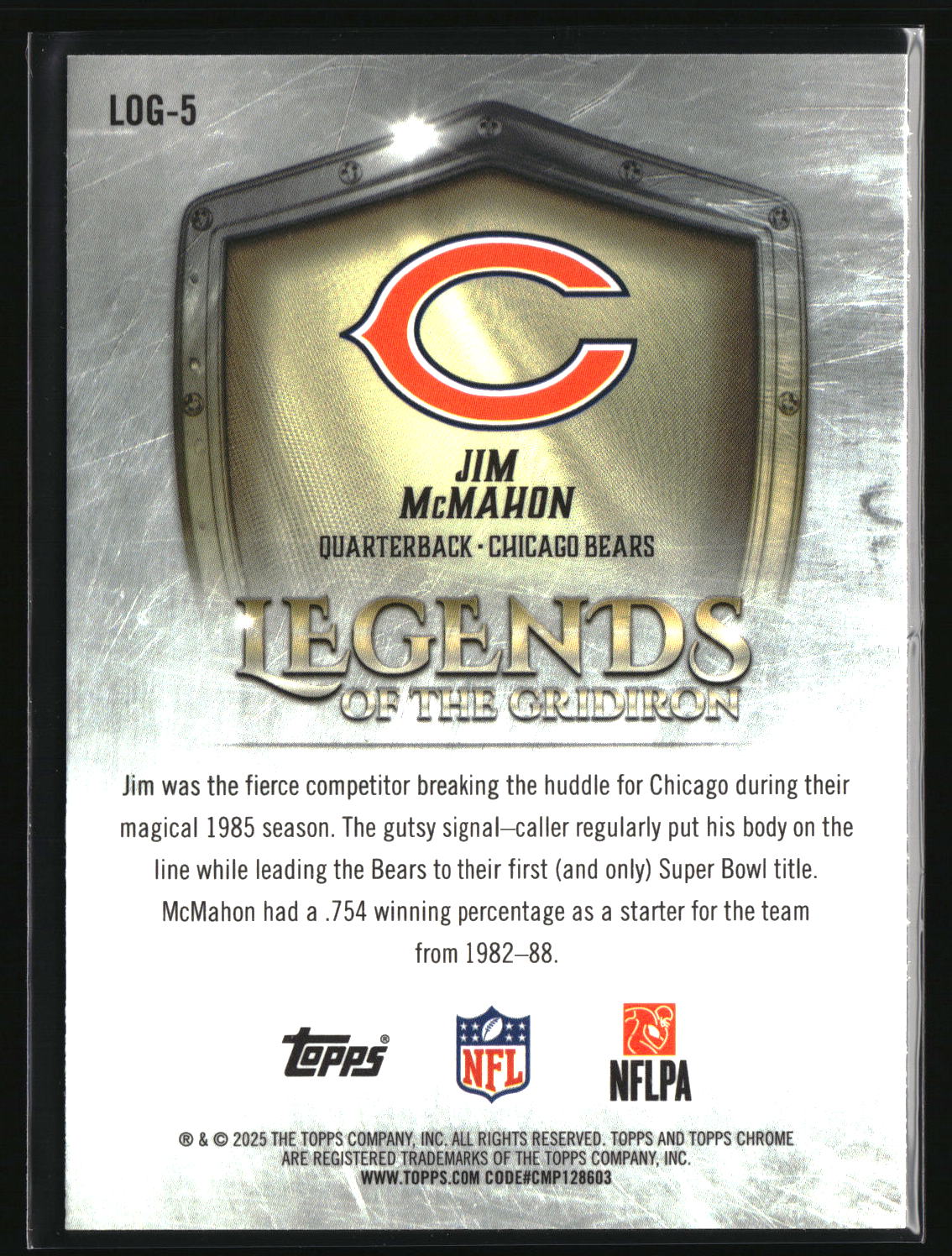 Jim McMahon 2025 Topps Chrome Legends of the Gridiron #LOG-5