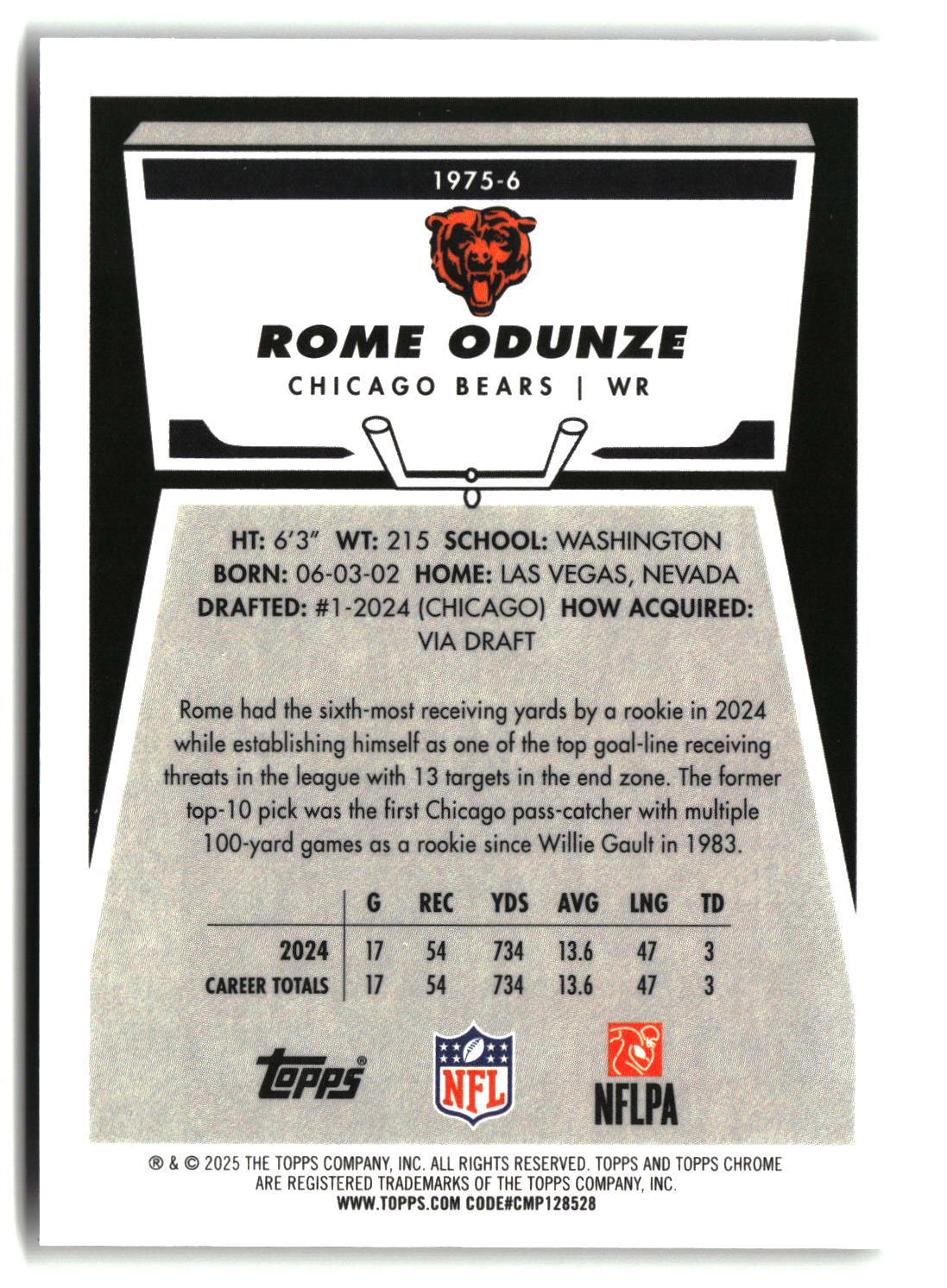Rome Odunze 2025 Topps Chrome 1975 Topps #1975-6