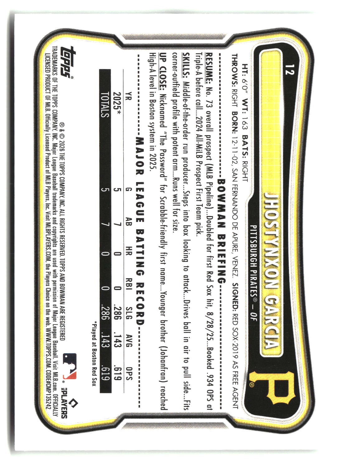 Jhostynxon Garcia 2026 Bowman #12