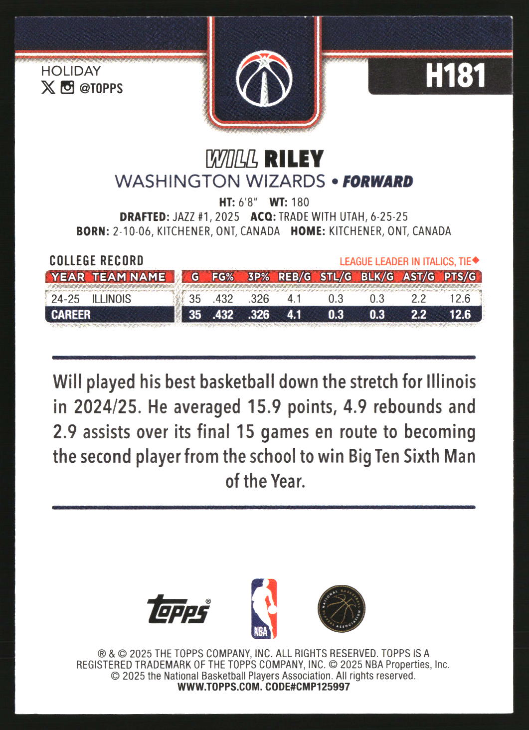 Will Riley 2025-26 Topps Holiday #H181