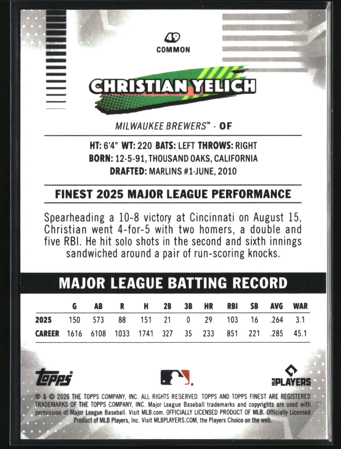 Christian Yelich 2026 Finest Mini-Diamond Refractors #49