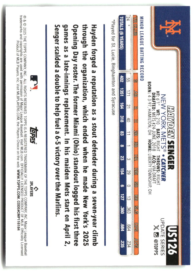 Hayden Senger 2025 Topps Update #US126