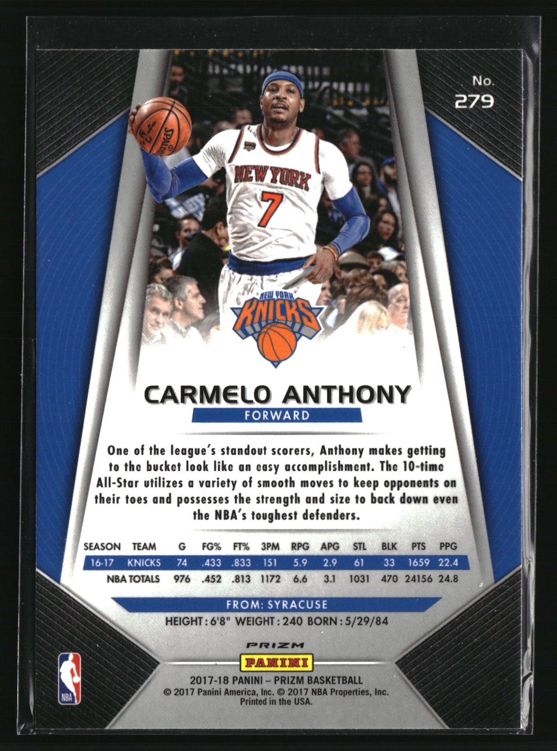 Carmelo Anthony 2017-18 Panini Prizm Prizms Silver #279