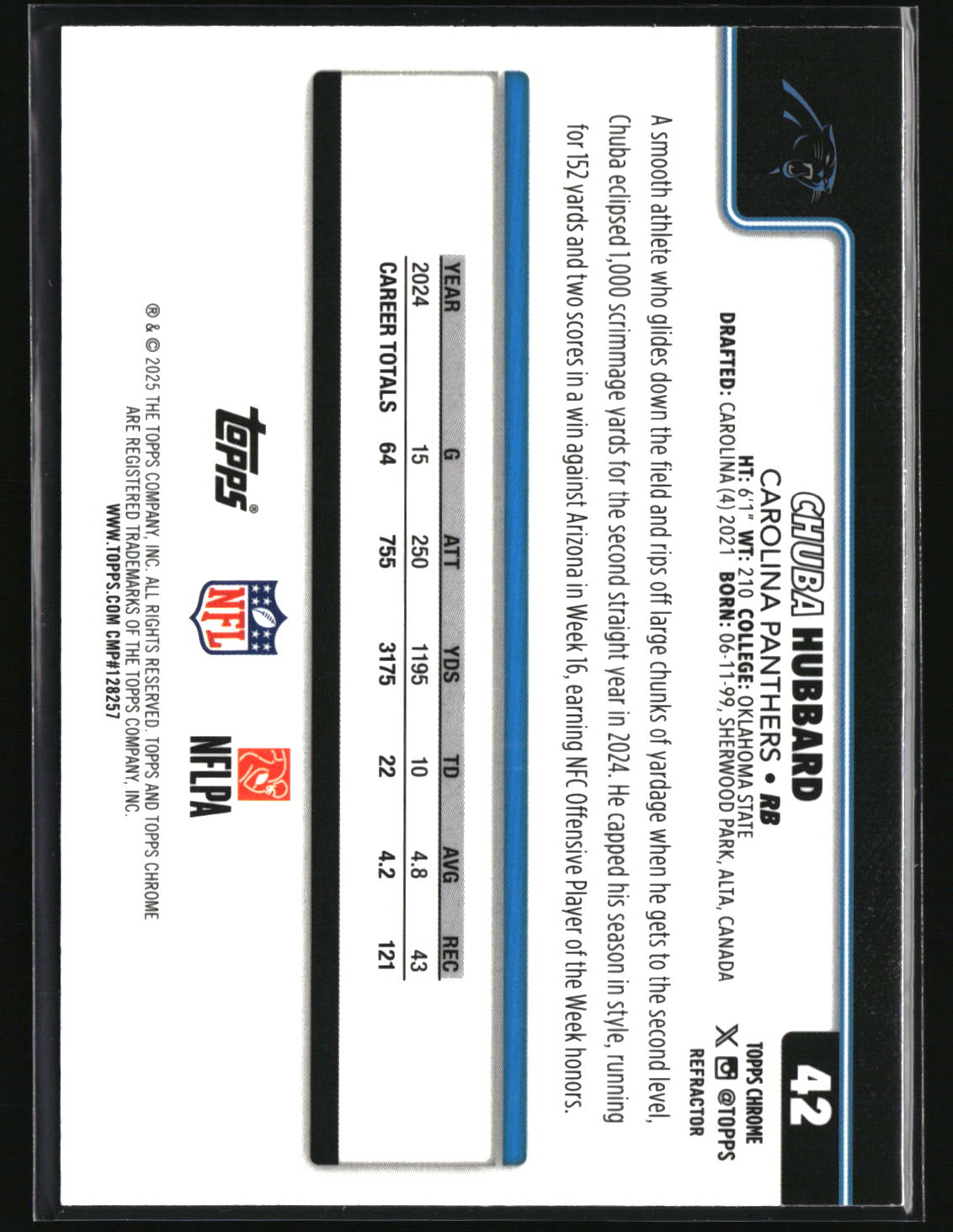 Chuba Hubbard 2025 Topps Chrome - Topps Refractor #42