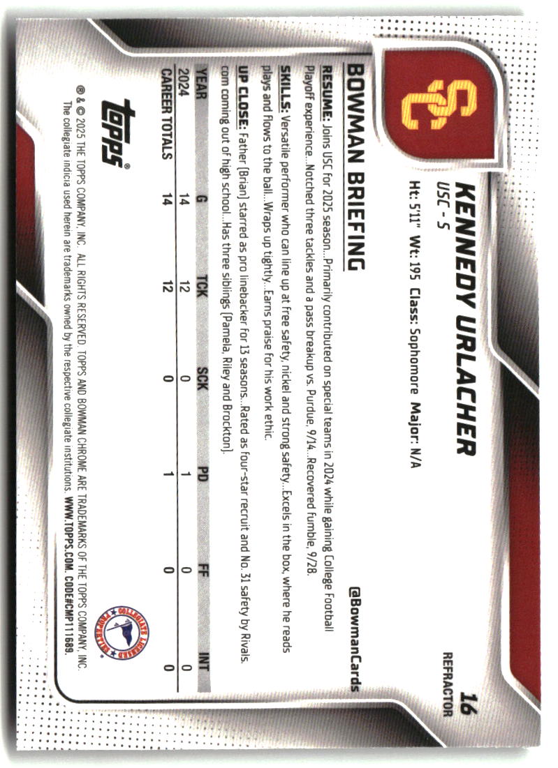 Kennedy Urlacher 2025 Bowman University Chrome Refractor #16