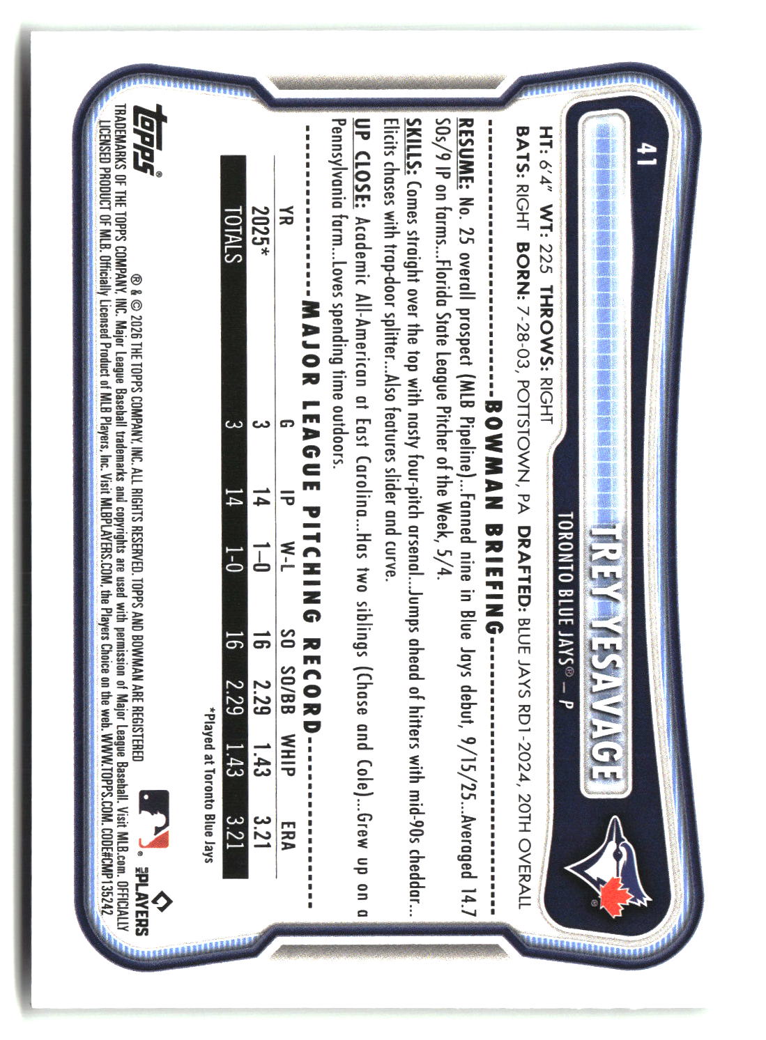 Trey Yesavage 2026 Bowman #41