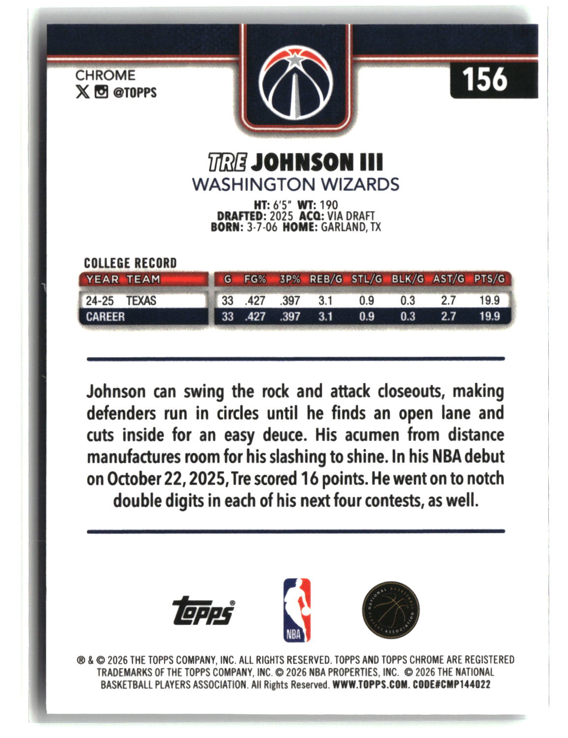 Tre Johnson III 2025-26 Topps Chrome Update #156